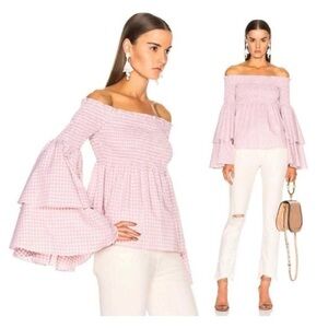 Caroline Constas Pink Off-Shoulder Gingham Elastic Bodice Bell Sleeve Top